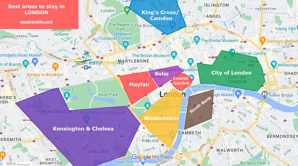 Map of the best areas in London for travelers
