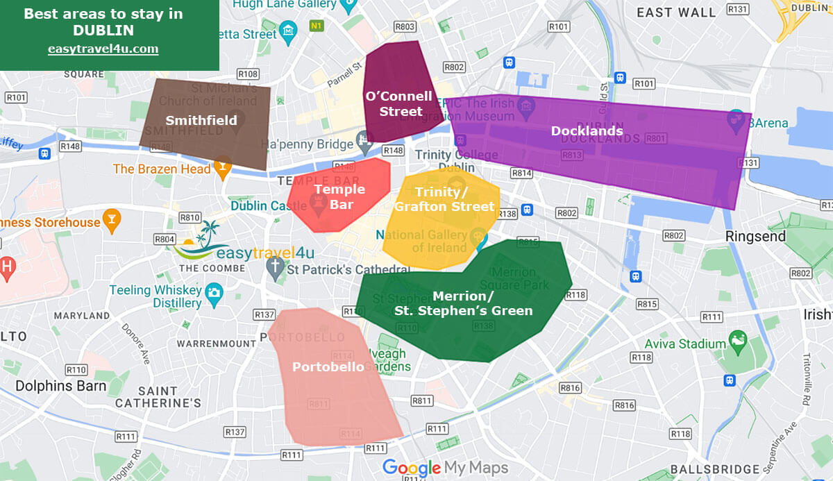 Map of Best Areas & Neighborhoods in Dublin for tourists