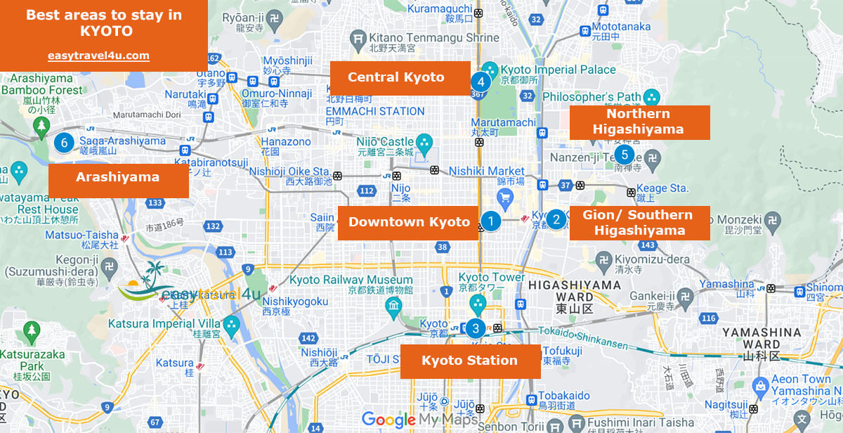 Map of Best Areas & neighborhoods in Kyoto