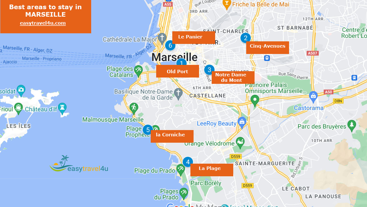 Map of Best Areas & neighborhoods to Stay in Marseille 