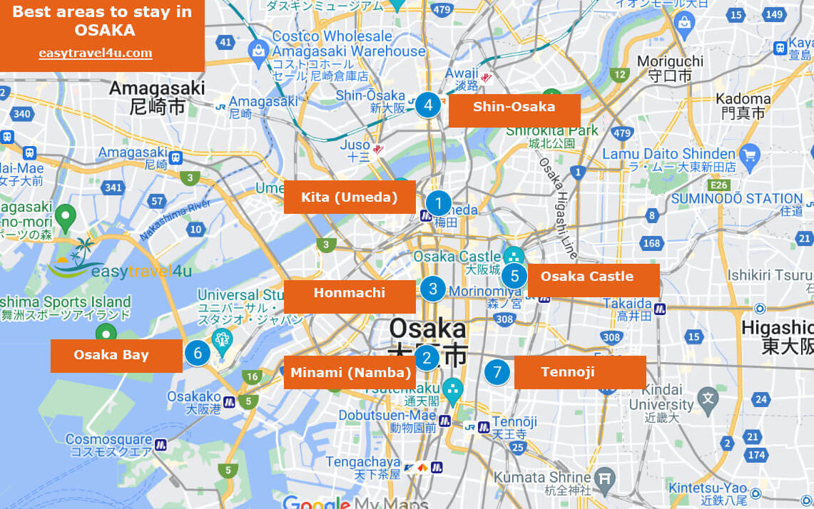 Map of Best Areas & neighborhoods in Osaka
