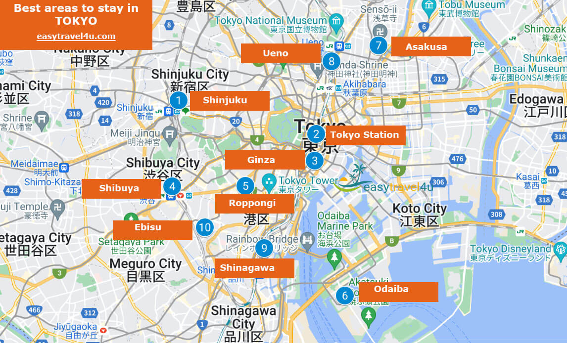 Map of 11 Best areas & neighborhoods in Tokyo for first-timers
