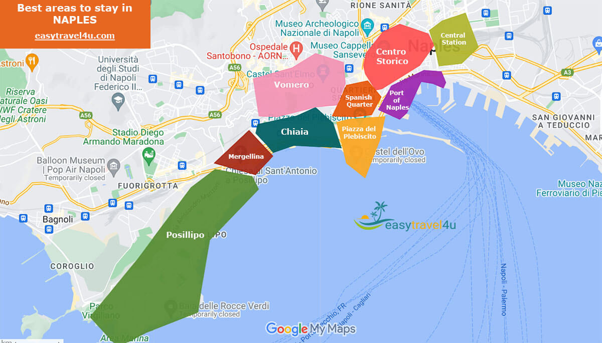 Map of Best Areas & Neighborhood to Stay in Naples, Italy