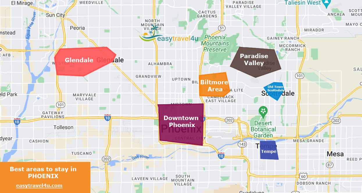 Map of the best areas to stay in Phoenix