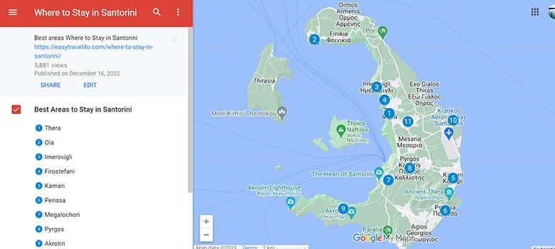 Map of best areas to stay in Santorini