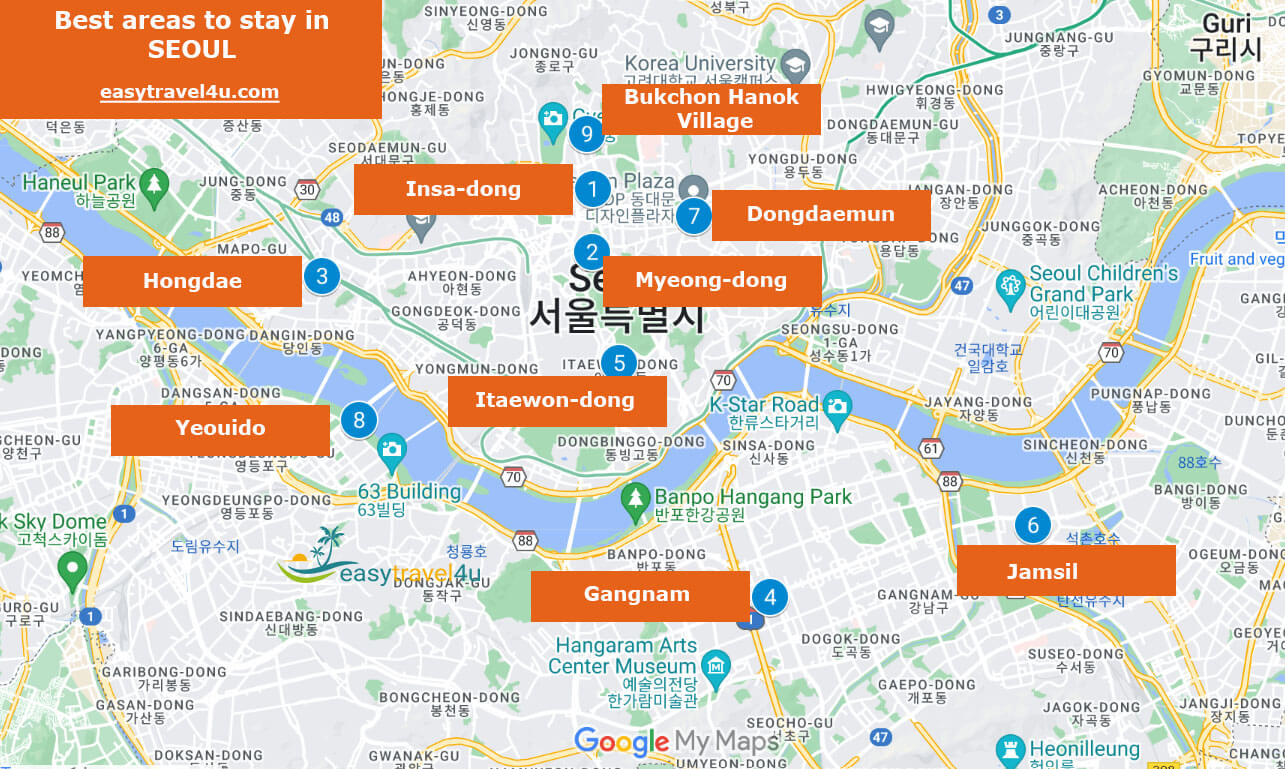 Map of Best Areas and Neighborhoods in Seoul for first-timers
