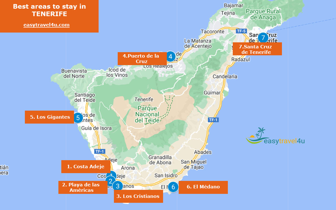 Map of best areas to stay in Tenerife for tourists