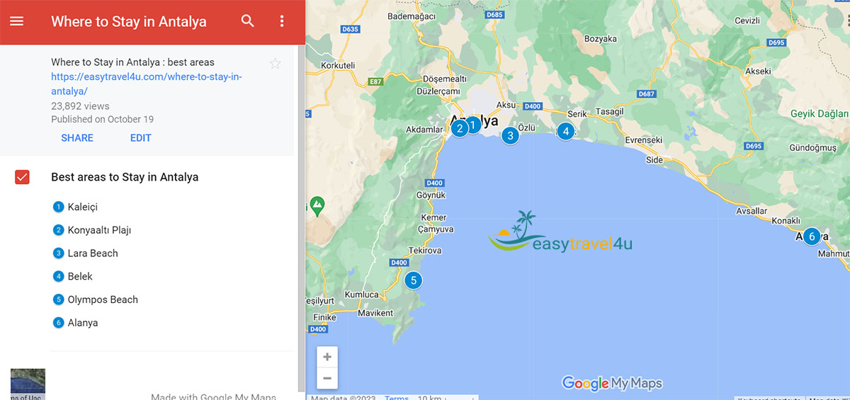 Map of 6 Best areas and neighborhoods  to stay in Antalya 