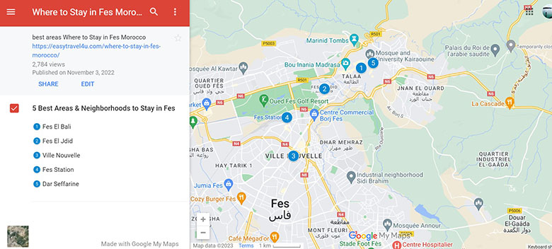 Map best areas to stay in Fes