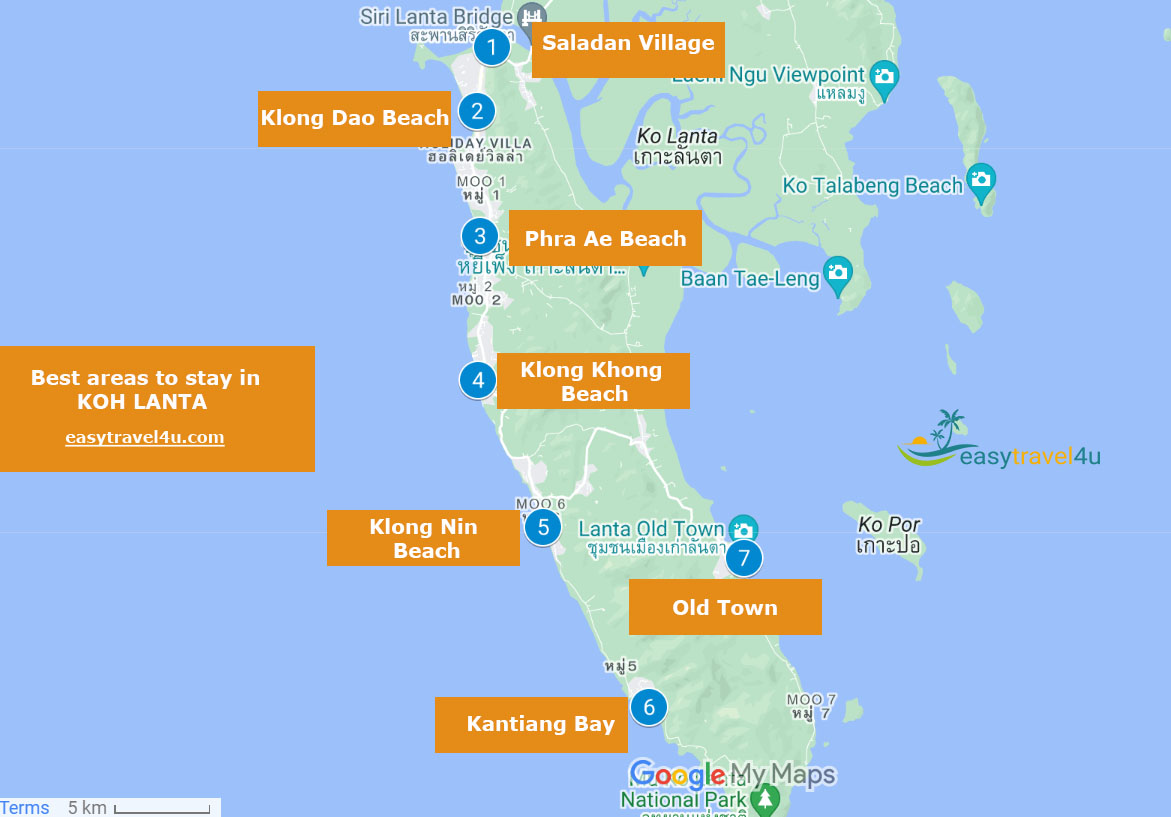 Map of Best Areas to Stay in Koh Lanta 