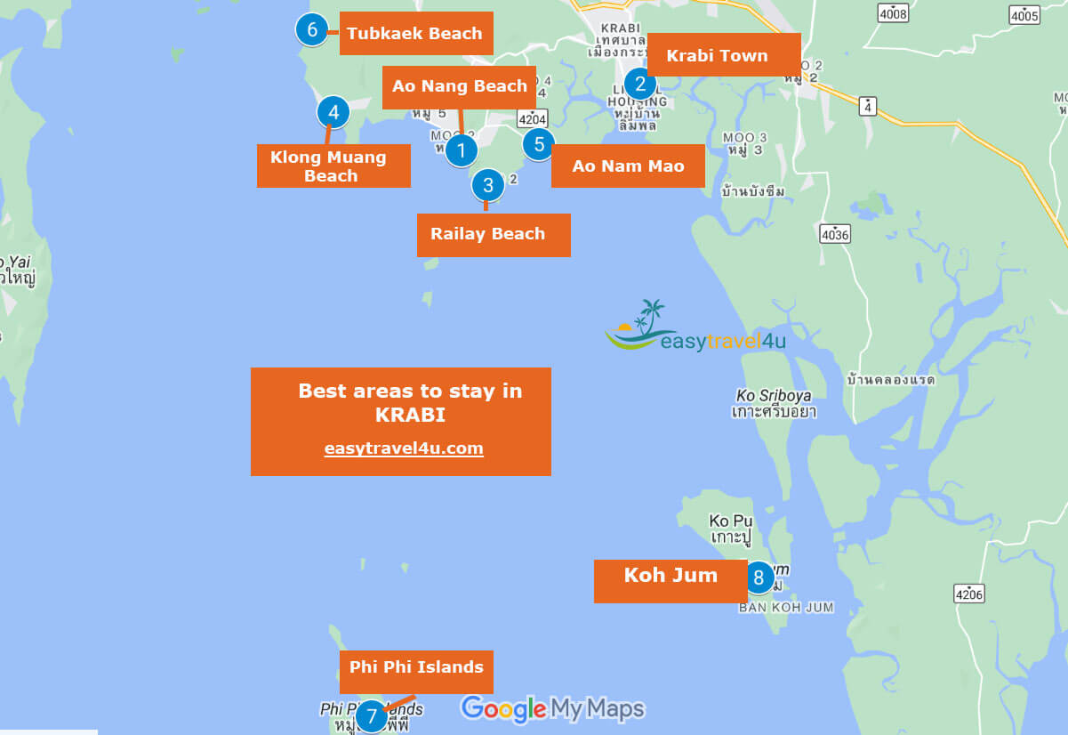 Map best areas in Krabi for tourists