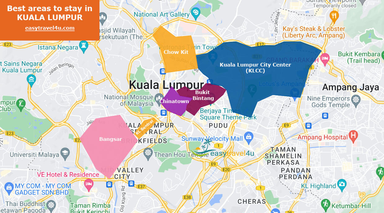 Map of best areas to Stay in Kuala Lumpur 
