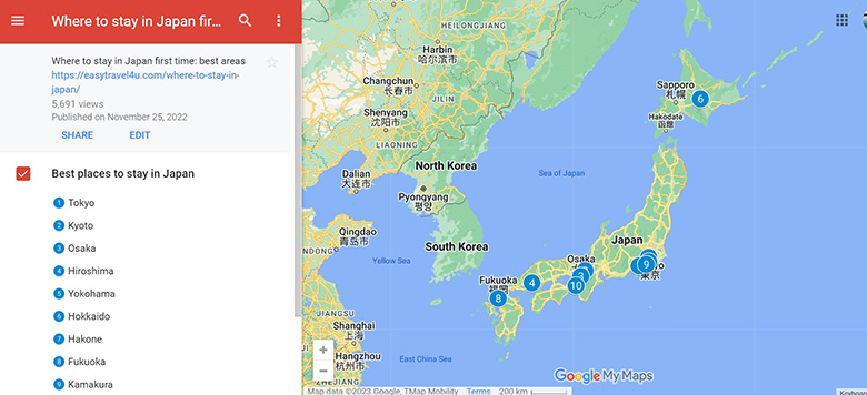 Map of best places to stay in Japan first time