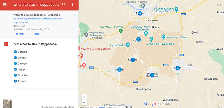 Where to Stay in Cappadocia map of Best areas & neighborhoods