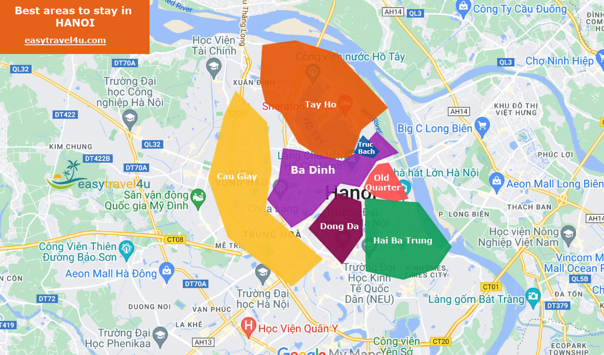 Map of Best areas & districts  to stay in Hanoi 