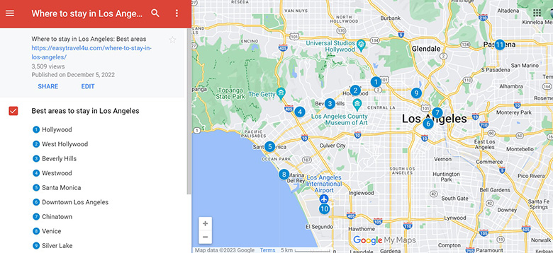 Map of the best areas to stay in Los Angeles first time