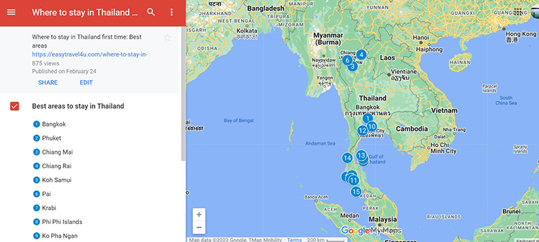 Map of best places to stay in Thailand