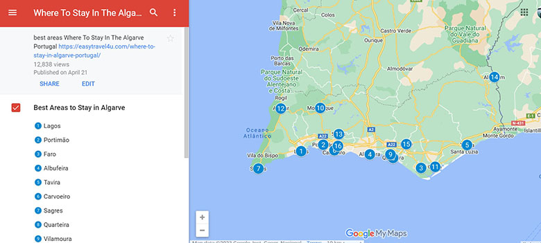 map of best areas to stay in Algarve 