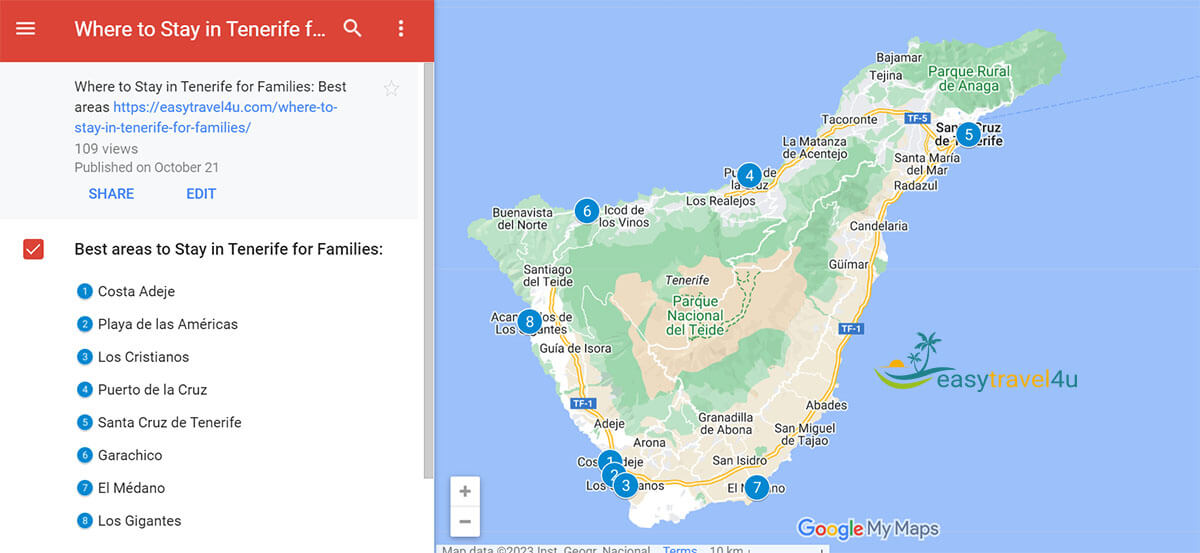 Map of Best areas to Stay in Tenerife for Families