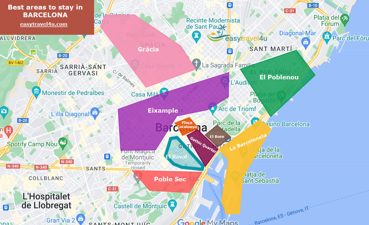 Map of Best Areas & Neighborhoods in Barcelona for tourists