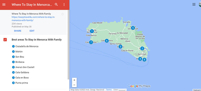 Map of the best areas to stay in Menorca with kids