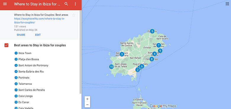 Map of 10 Best areas to Stay in Ibiza for Couples