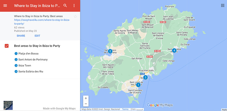 Map of 4 Best areas to stay in Ibiza to party and nightlife
