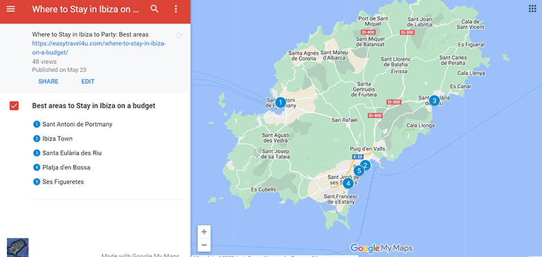 Map of 5 Best areas to Stay in Ibiza on a Budget