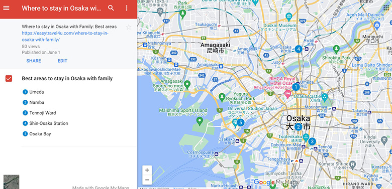 Map of 5 Best areas to stay in Osaka with Family