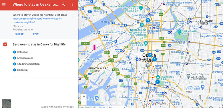 Map of 4 Best areas to stay in Osaka for Nightlife