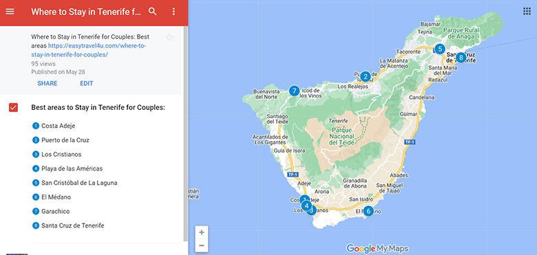 Map of 8 Best areas to Stay in Tenerife for Couples