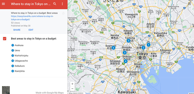 Map of 6 Best areas to stay in Tokyo on a budget