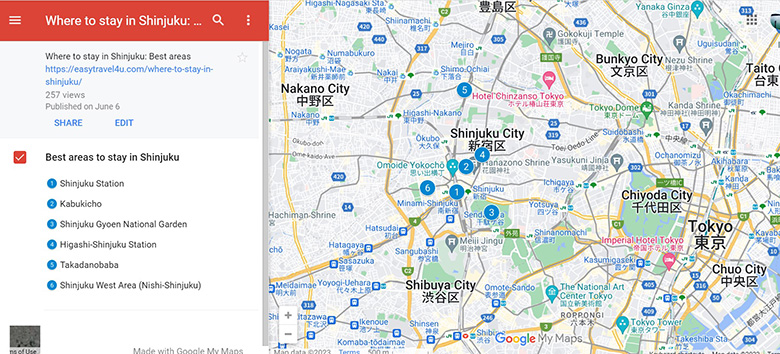 map of 6 Best areas to stay in Shinjuku