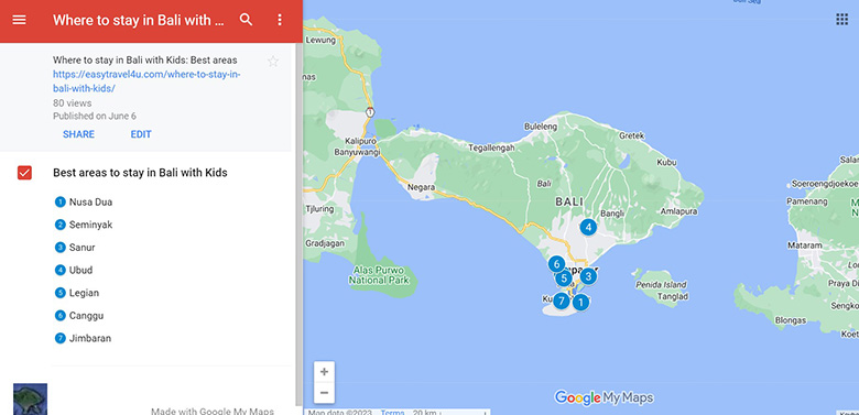 Map of 7 Best areas to stay in Bali with Kids