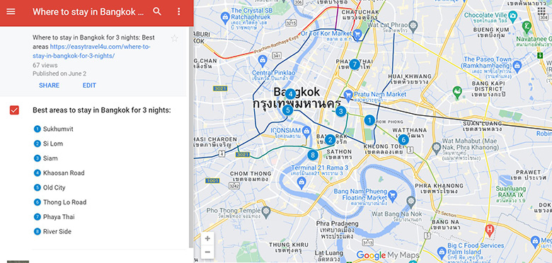 Map of 8 Best areas to stay in Bangkok for 3 nights