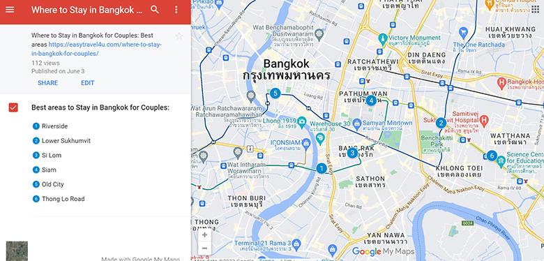 Map of 6 Best areas to Stay in Bangkok for Couples