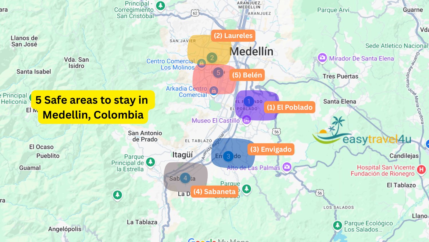 5 Safe areas to stay in Medellin Map
