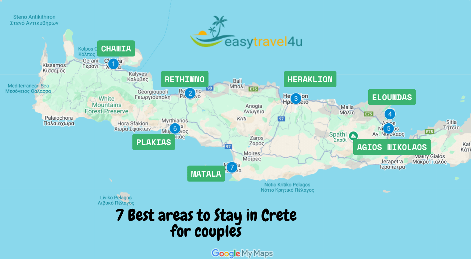 7 Best areas to Stay in Crete for Couples MAP