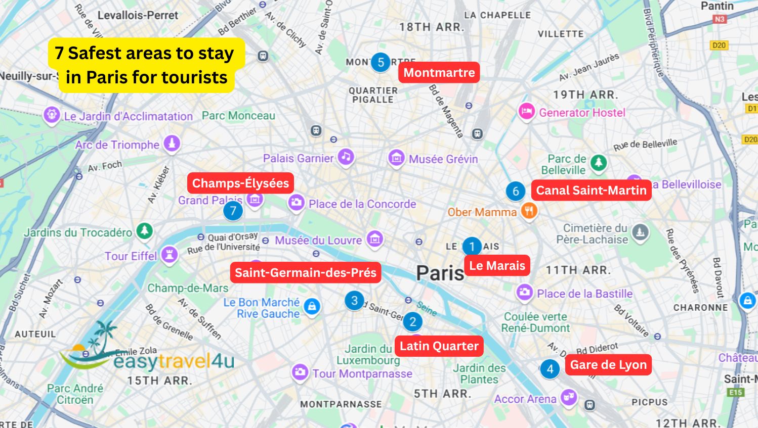 safe areas to stay in Paris for tourists on map