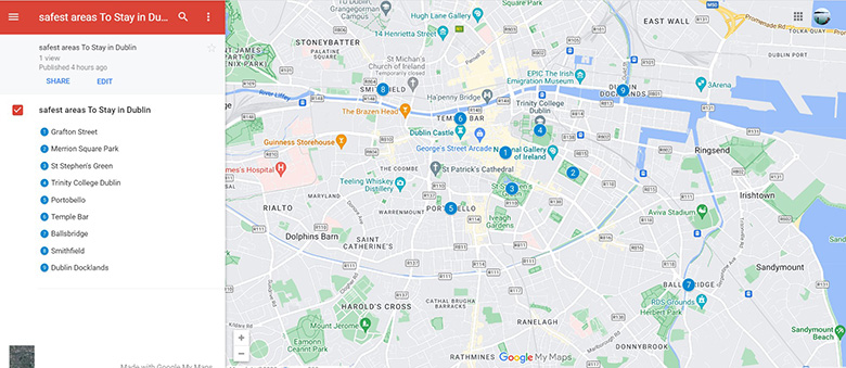 The safest areas & neighborhoods to stay in Dublin for tourists Map