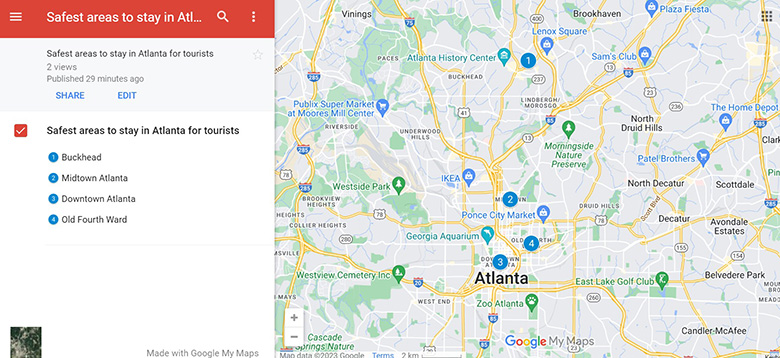 Map of Safest areas to stay in Atlanta for visitors