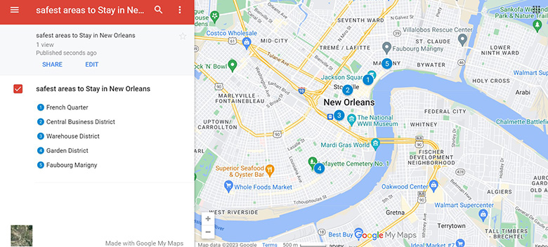 Map of Safest areas to stay in New Orleans for tourists