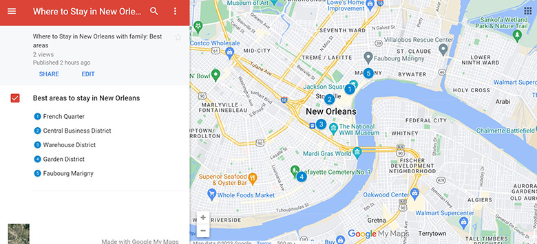 Map of Best areas Where to stay in New Orleans with family