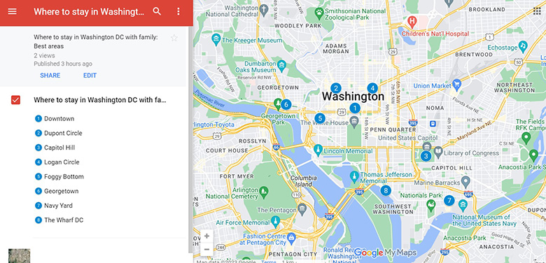 Map of Best areas to stay in Washington DC with family