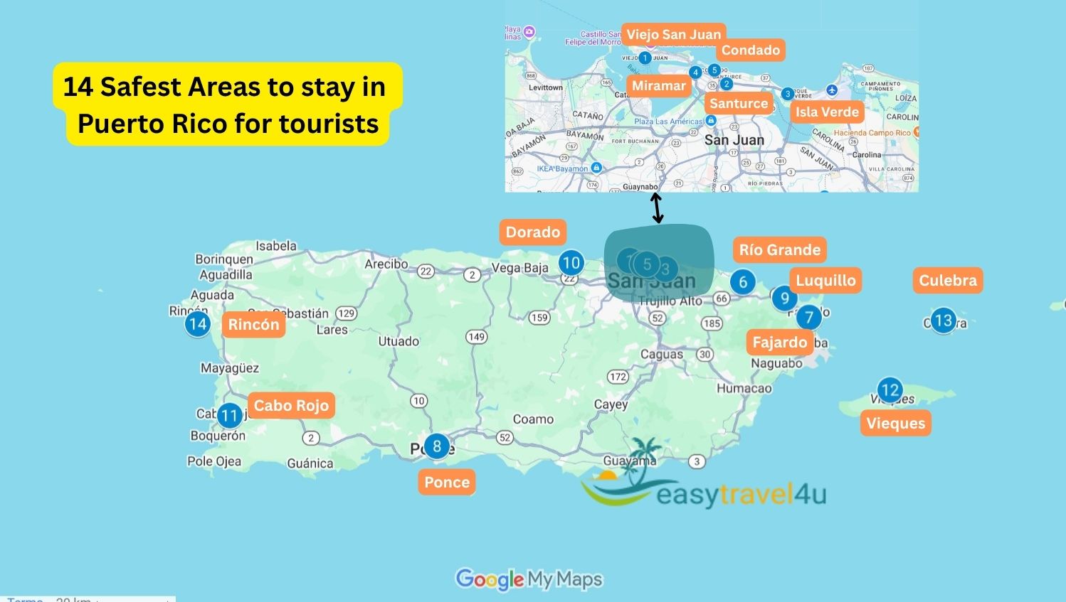 14 Safe Areas to stay in Puerto Rico on map