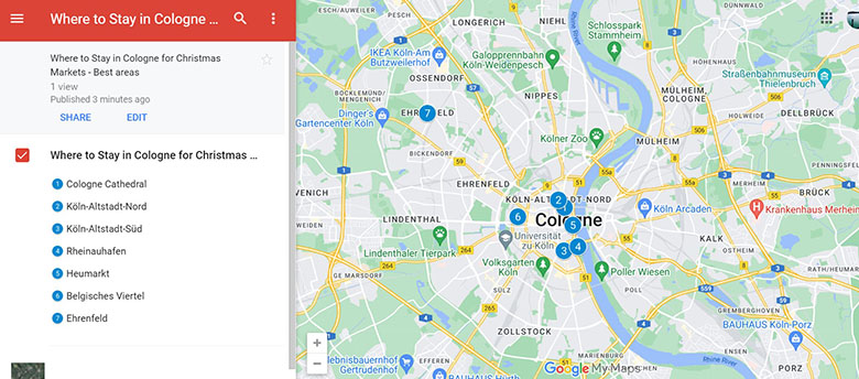 Map of the best areas to Stay in Cologne for Christmas Markets