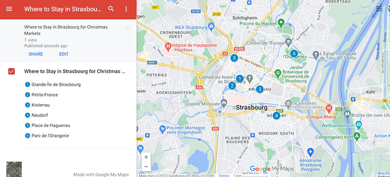 Map of the best areas to stay in Strasbourg for Christmas Markets