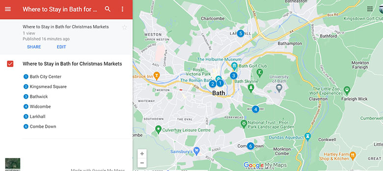 Map best areas to Stay in Bath for Christmas Markets 