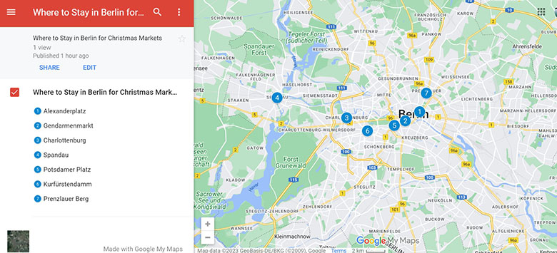Map of Best areas to Stay in Berlin for Christmas Markets 