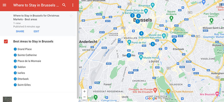 Map of best areas to Stay in Brussels for Christmas Markets